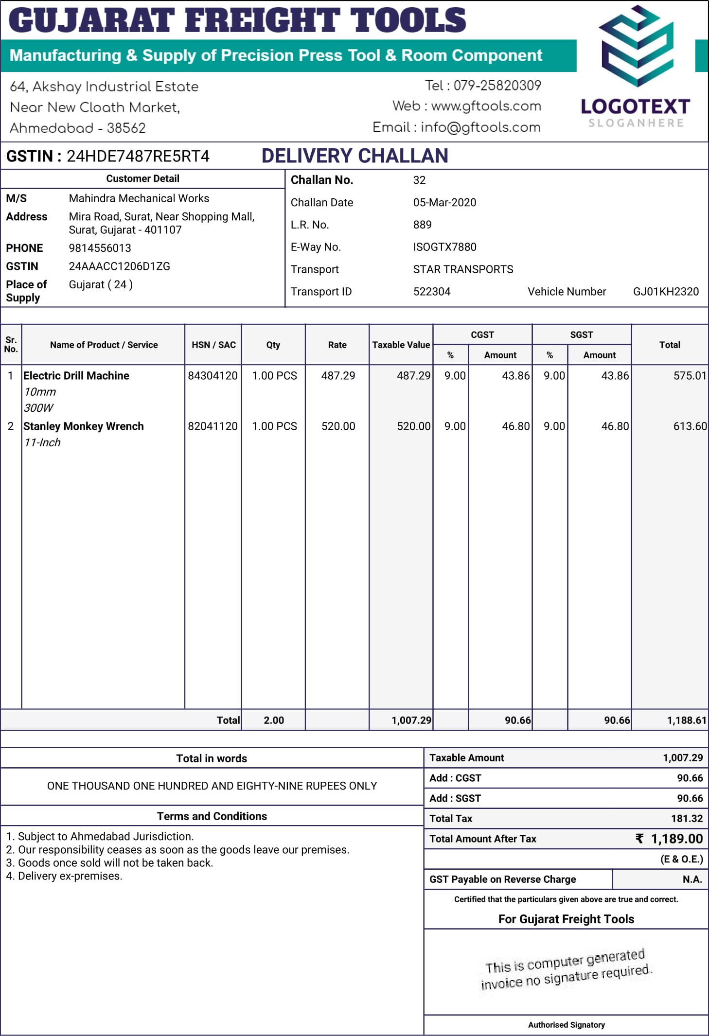 GST Delivery Challan Format