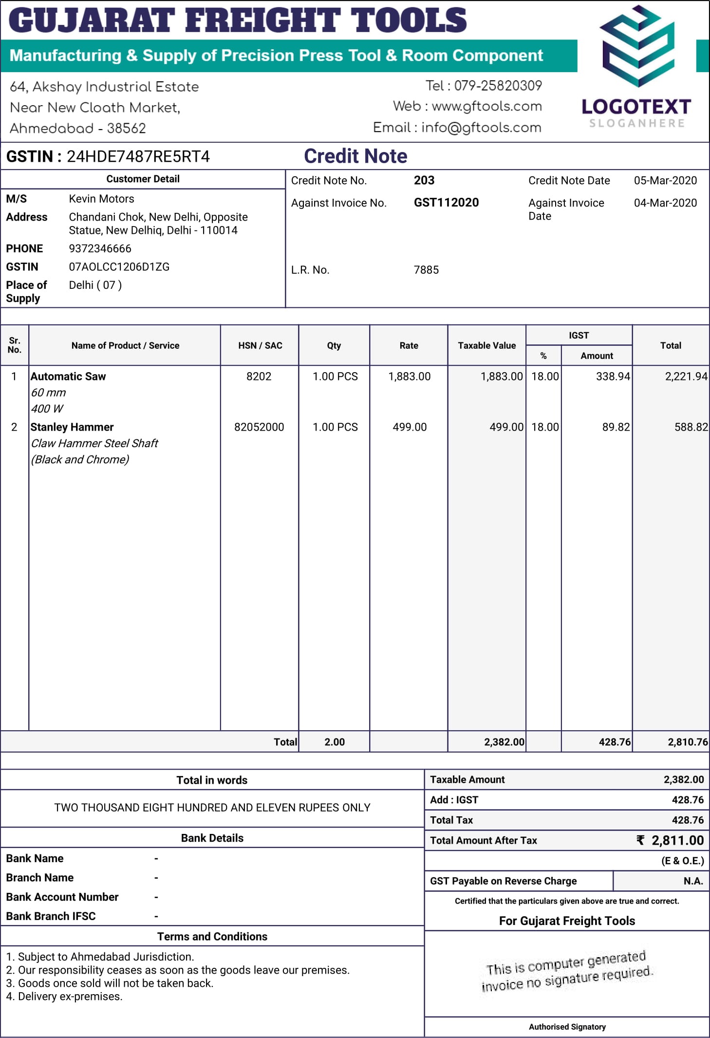 GST Credit Note Format