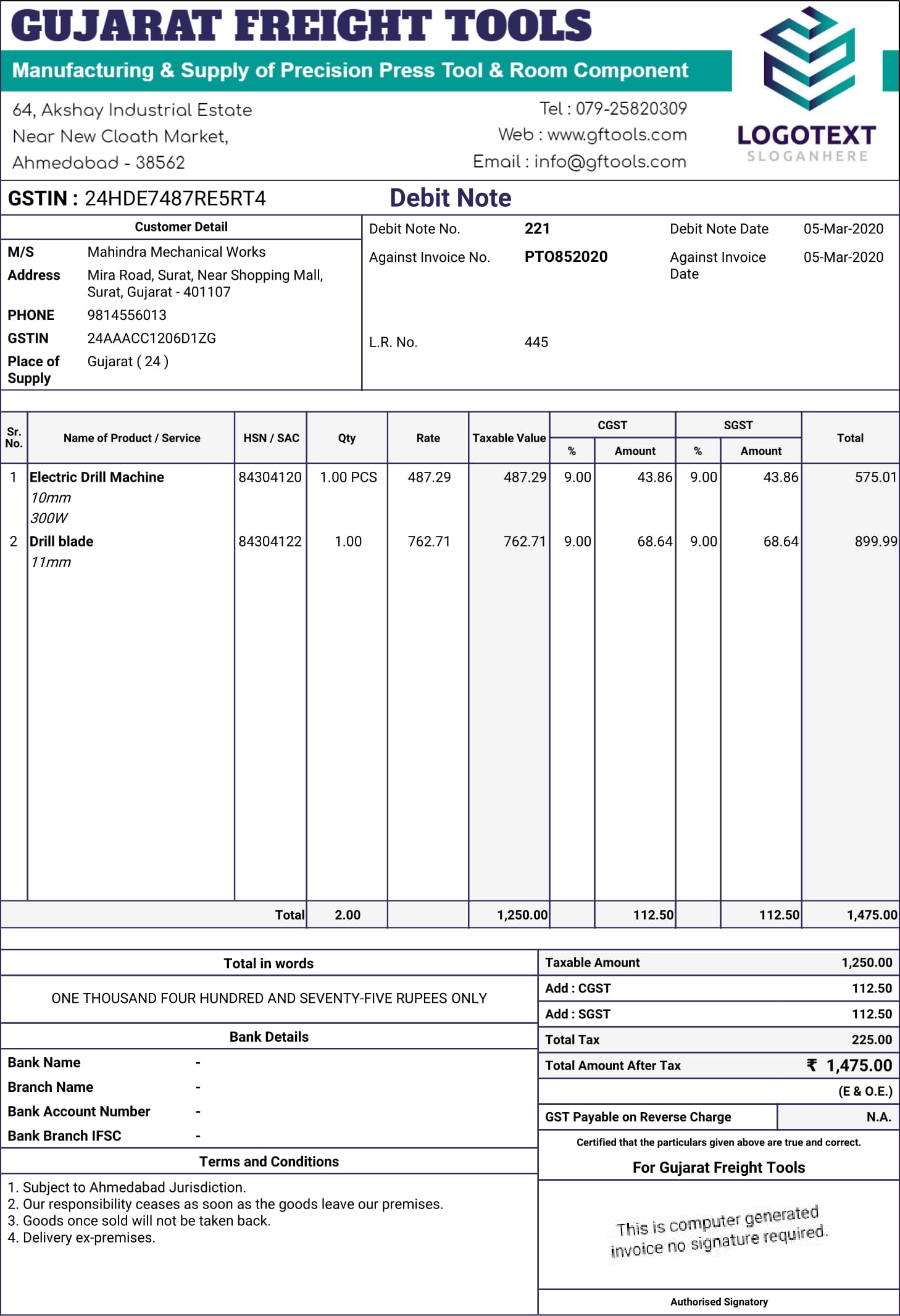 GST Debit Note Format