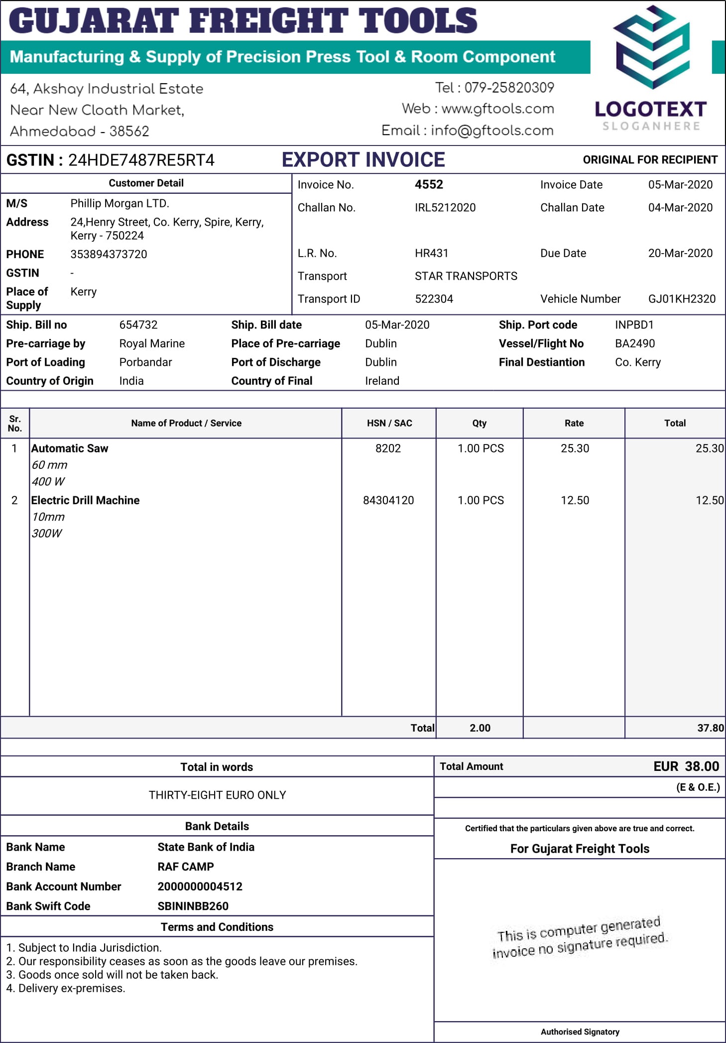 GST Export Invoice Format