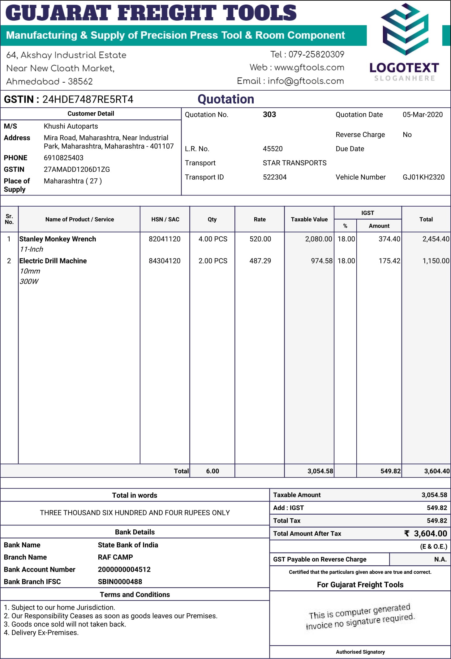 GST Quotation Format In India